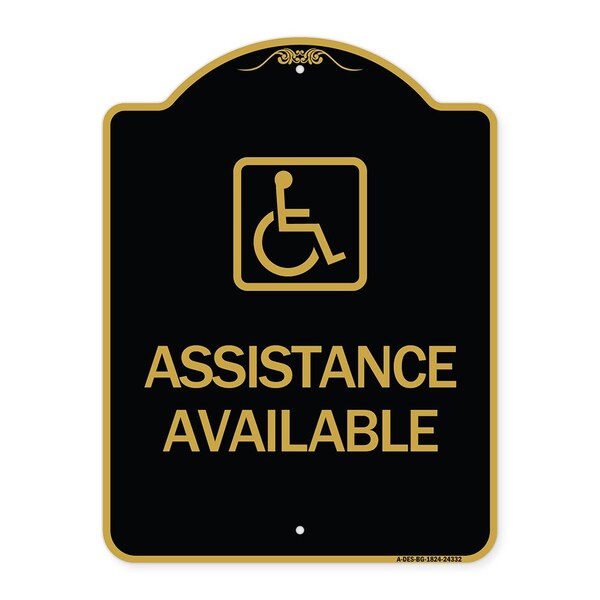 Assistance Available W/ Handicap, Black & Gold Aluminum Architectural Sign, 18" x 24", BG-1824-24332